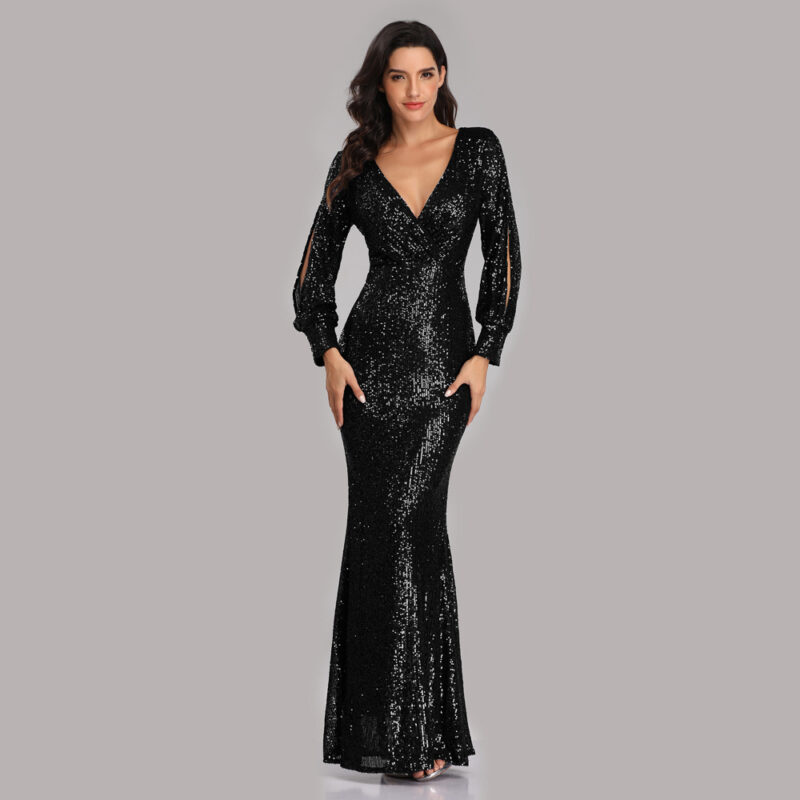Chilldressy™ V-neck Sequin Mermaid Dress | Elegant Long Sleeve Bodycon Evening Gown