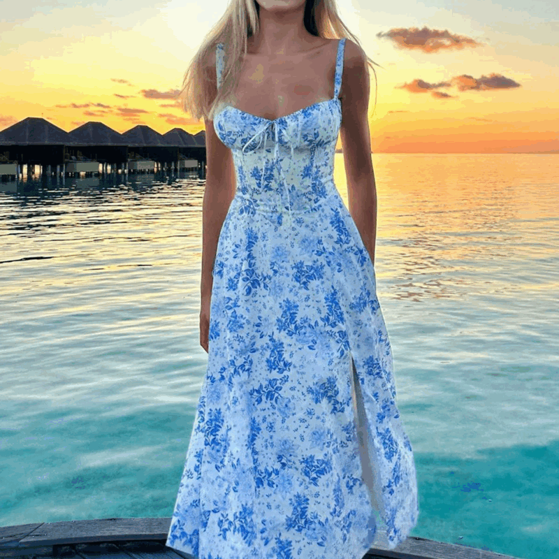 Chilldressy™ Sexy Backless Bodycon Floral Midi Dress | Vacation Vibes High Slit Spaghetti Strap Dress
