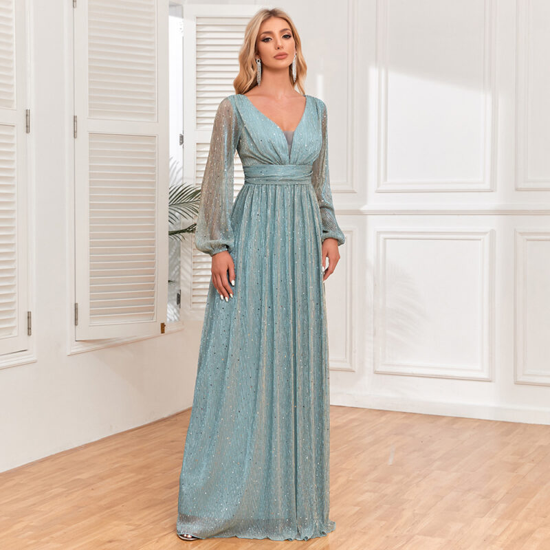 Chilldressy™ Elegant Sparkly Gown | V-Neck Long Sleeve A-Line Evening Dress