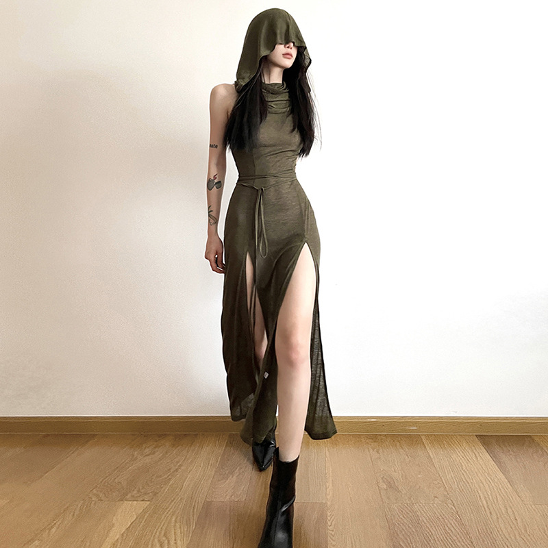 Chilldressy™ Hooded Split Hem Maxi Dress | Trendy Sleeveless Gothic Streetwear
