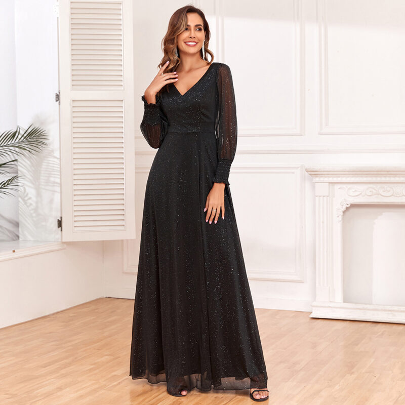 Chilldressy™ Elegant Black Evening Gown | Sheer Sleeve V-Neck High-Slit Maxi Dress