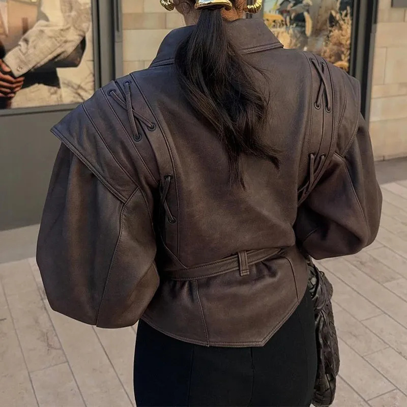 Belted Long-Sleeve Leather Dress Jacket