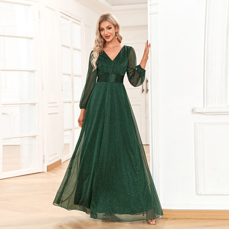 Chilldressy™ V-neck Glitter Chiffon Dress | Elegant Long Sleeve Party Dress