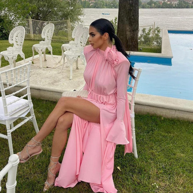 Elegant Pink Flower Dress | High-Slit Long Sleeve Party Gown