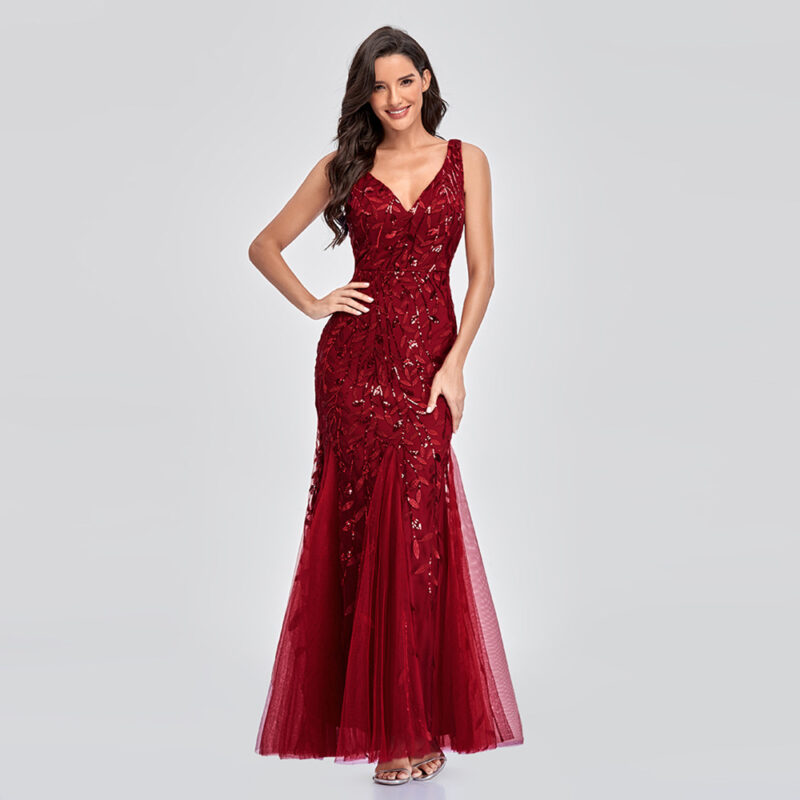 Chilldressy™ Sequin-Embellished V-Neck Dress | Elegant Floral Embroidered Mermaid Evening Dress
