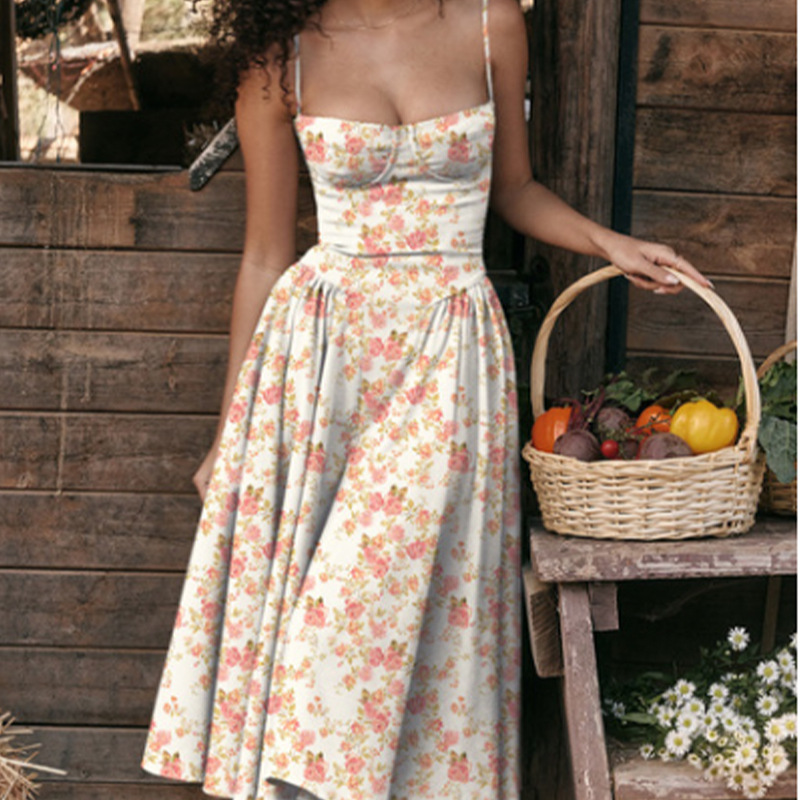 French Retro Maxi Dress | Strapless Boho Dress with Flowy Skirt