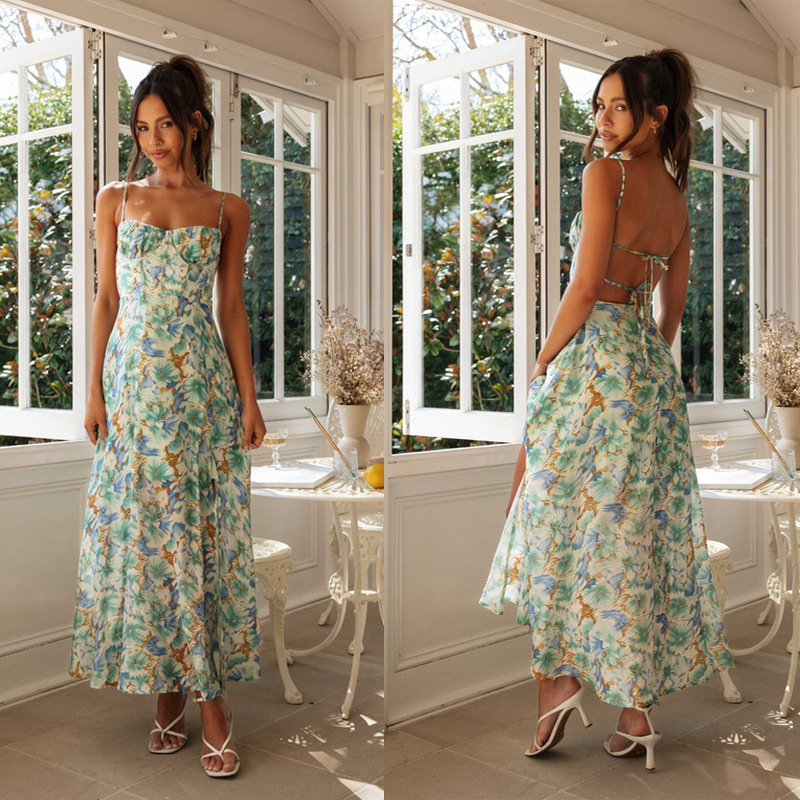 Bohemian Floral Maxi Dress | High Slit Backless Dress with Adjustable Ties