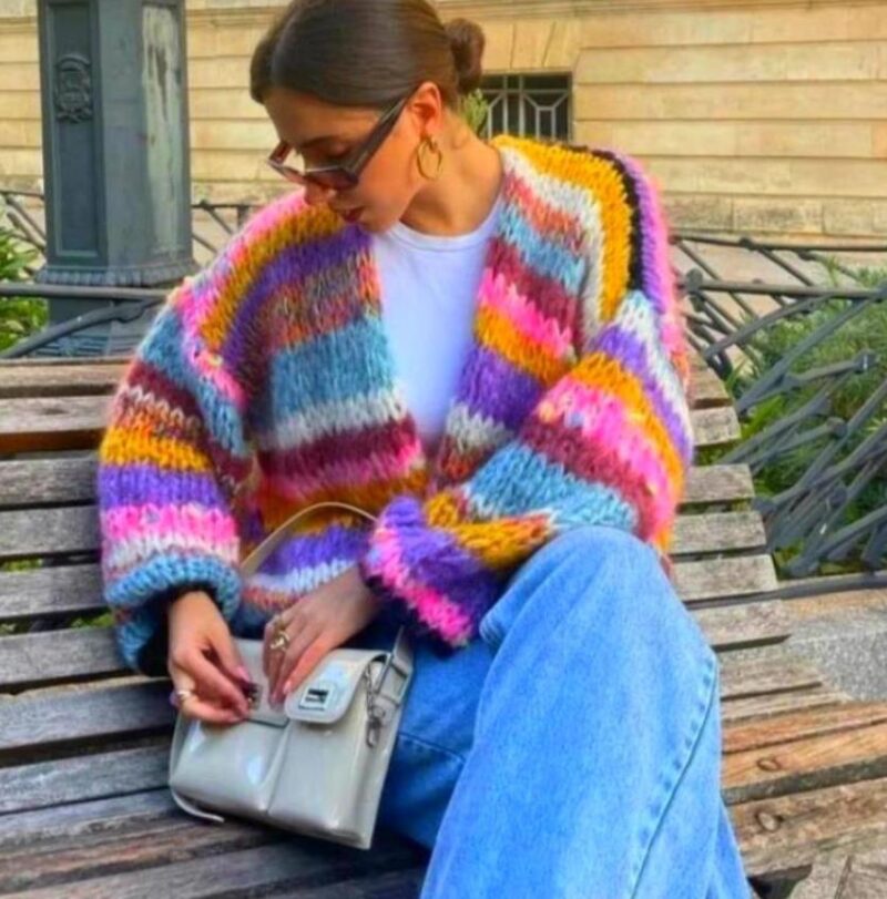 Striped Long Sleeve Rainbow Grid Cardigan Sweater Knitted Sweater