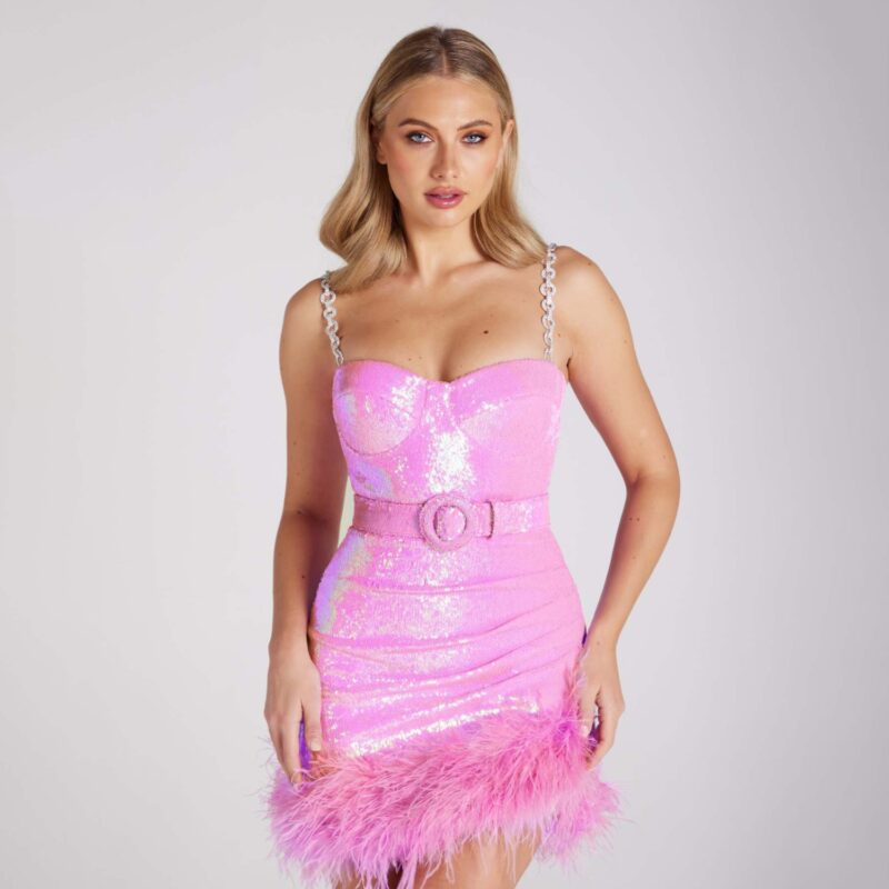 Chilldressy™ Sparkly Sequin Mini Dress | Feather Trim Belted Bodycon Dress