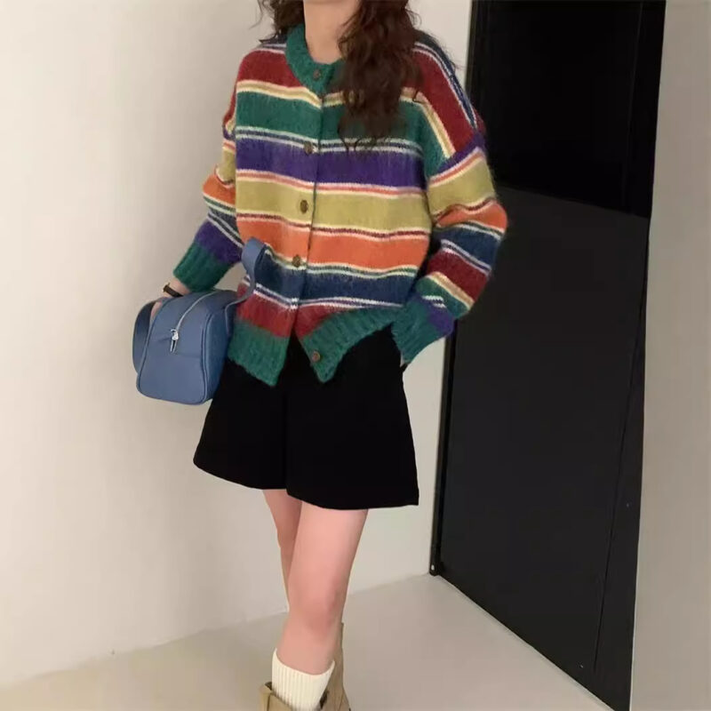 Retro Rainbow Striped Sweater Jacket Soft Knit Cardigan