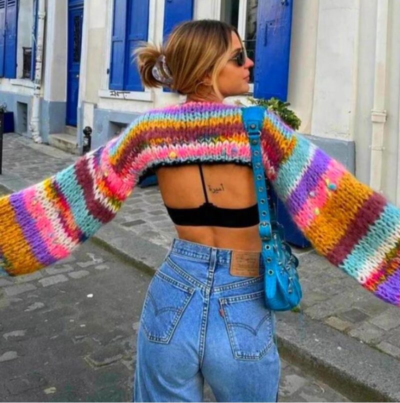 Striped Long Sleeve Sexy Belly Sweater Knitted Sweater